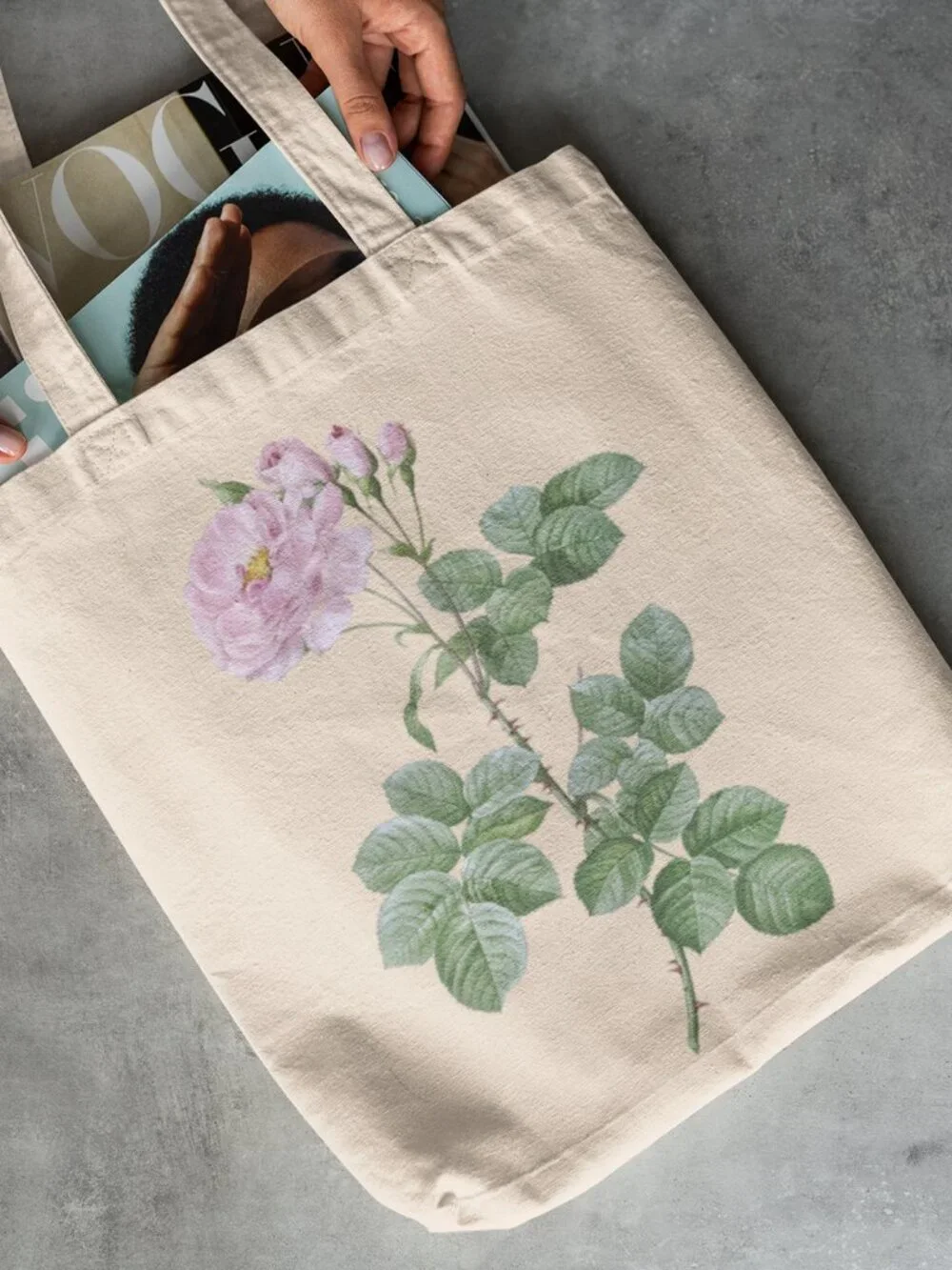Damask Rose Vintage Floral Print Graphic Canvas Tote Bag